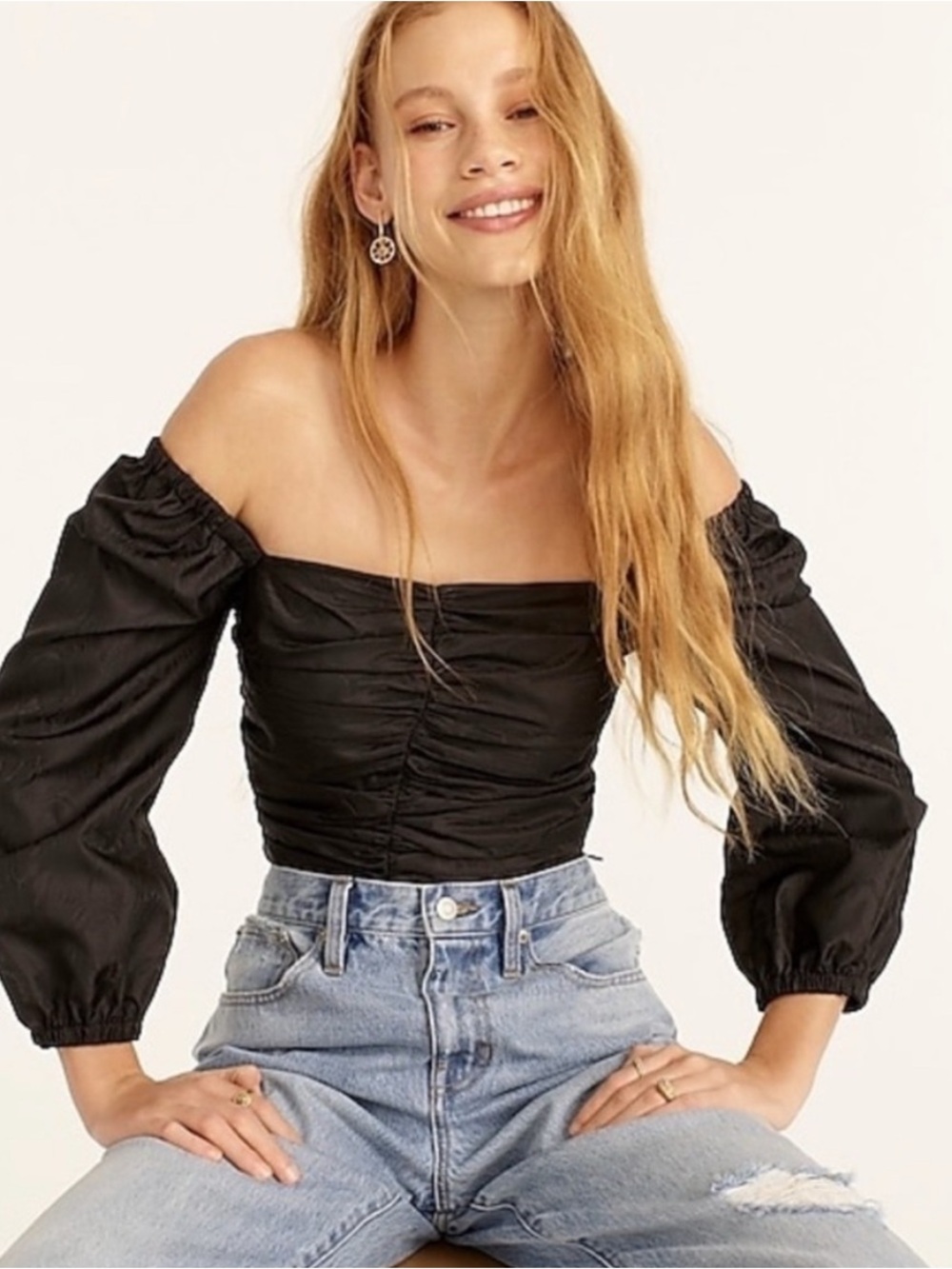 J Crew  Black Ruched Puff Sleeve Top 
Size 10